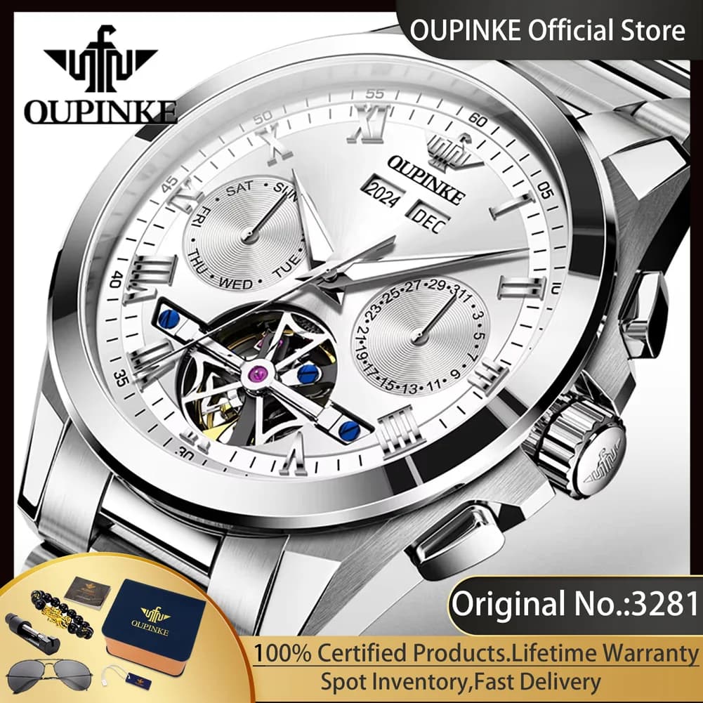 OUPINKE 3281 Orologio da uomo Volano scavato Orologi da uomo in acciaio inossidabile Orologio meccanico automatico di marca originale di lusso per uomo