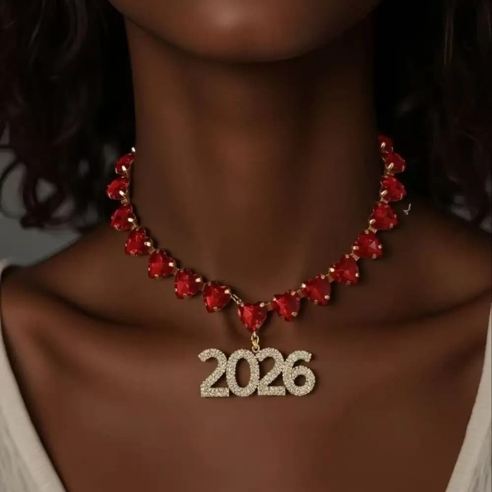 Collana con Ciondolo in Cristallo 2026, Cuore d'Amore Quadrato con Strass, Catena Geometrica Esagerata, Gioielli per Feste di Capodanno 2026