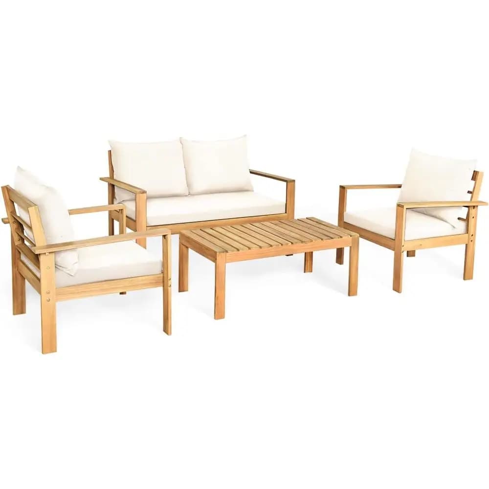 Set di Mobili da Esterno in 4 Pezzi con Cuscini: Divano in Legno, Tavolo e Sedie in Legno di Acacia per Giardino, Cortile o Bordo Piscina