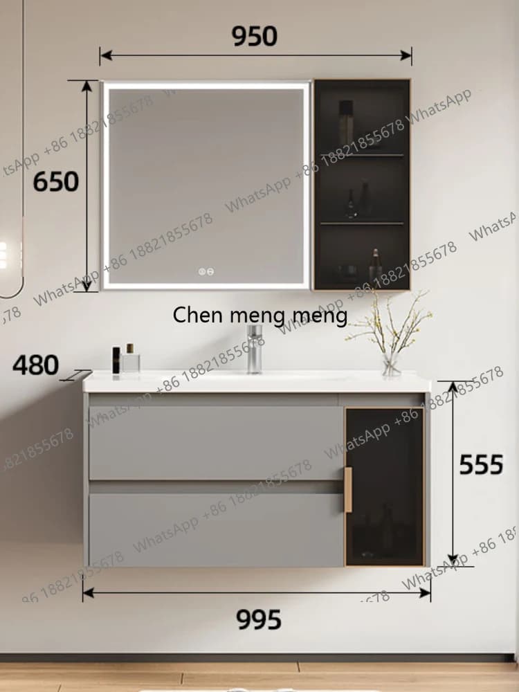 Mobile da bagno combinato grigio alla moda, lavabo integrato in ceramica, tavolo per il lavaggio del viso, specchio intelligente antiappannante
