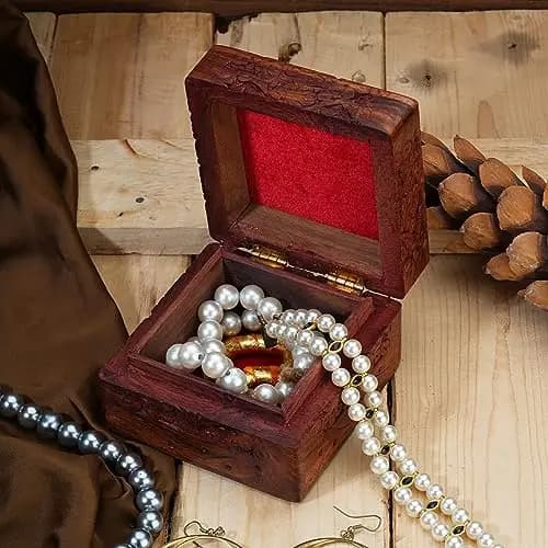Elegant Hand-Carved Wooden Jewelry Box With Red Velvet Lining – Decorative Trinket Storage And Gift For Adults