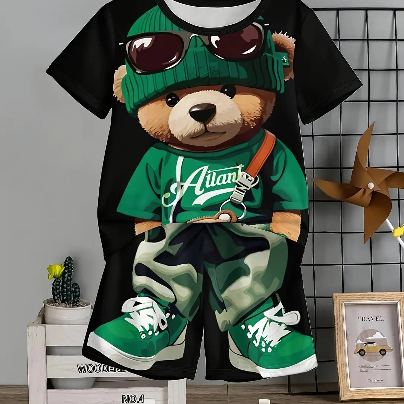 2026 Kids Clothes 2pcs Boys Fun Cartoon Bear Print Short Sleeve T-Shirt Shorts Set Summer Active Boys Complete Stylish Look