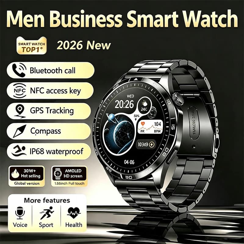 Men Business Smart Watch Bluetooth Call NFC Heart Rate Monitor IP68 Waterproof AMOLED Screen Sports Smartwatch For Android IOS