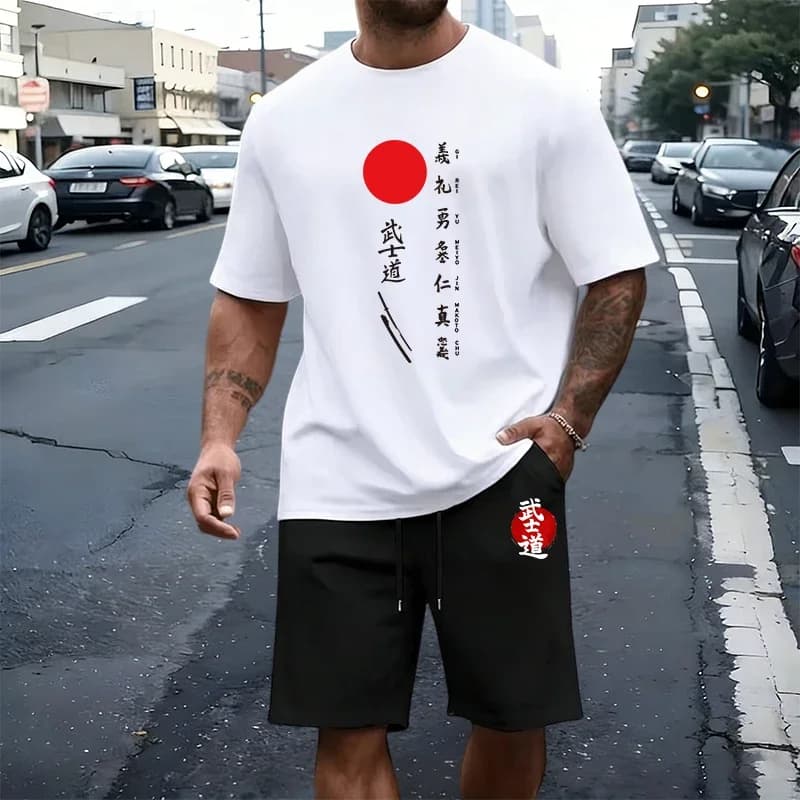 Completo Sportivo Estivo da Uomo: T-Shirt e Pantaloncini con Stampa, Abbigliamento Casual per Sport all'Aperto e Jogging, Collo a O, Maniche Corte, 2026