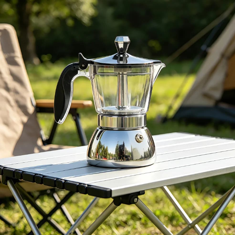 Caffettiera Moka in Acciaio Inox Trasparente 4/6 Tazze Corpo Unico in Resina Trasparente, Base 430. Uso Domestico/Ufficio/Campeggio. Compatibile con Induzione e Gas