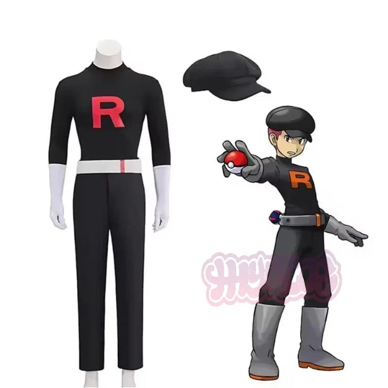Adult Men Women Team Rocket Grunt Replica Cosplay Outfit Classic Black Uniform Hat Anime Masquerade Fancy Suit