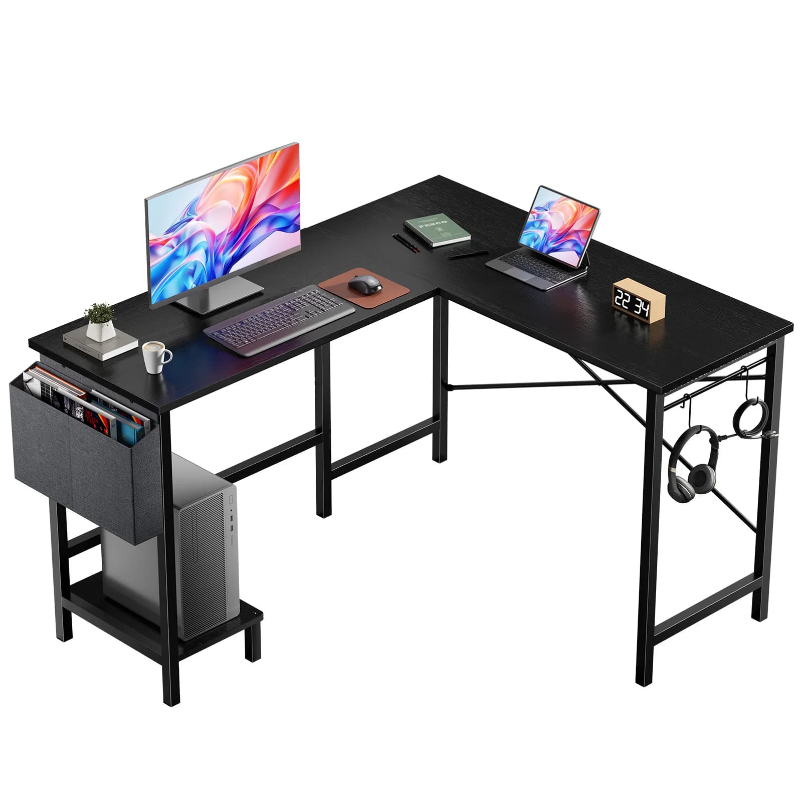 MCQ L Shaped Standing Office Computer Desk with Storage Bag and Side Hook Ergonomic Computer Corner Gaming Desk with PC Stand for Home Office Use Workstation
