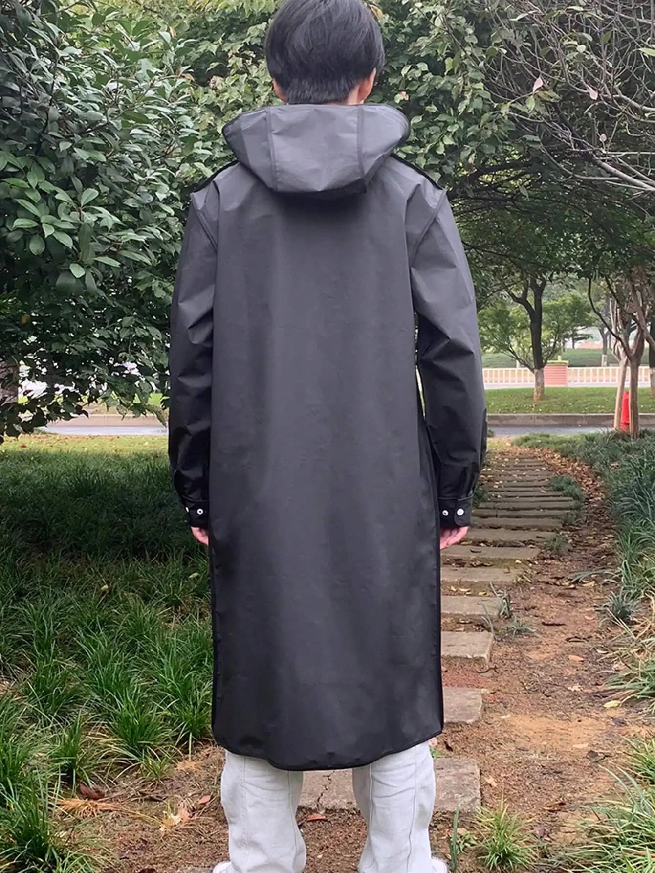 Raincoat Long Black Fashion for Adults, Rain Jacket with Hood for Men and Women, for Motorcycle, Cycling, Hiking, Fishing
