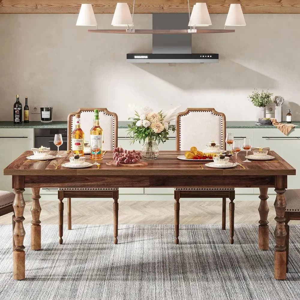 Grande Tavolo da Pranzo in Legno 62 Pollici per 4-6 Persone, Elegante Arredamento da Cucina con Gambe Intagliate