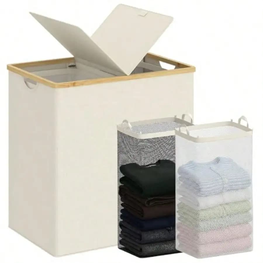 Laundry Hamper With Lid, Double Laundry Basket With 2 Removable Bags, 2 Section Laundry Bin With Bamboo Handles For Bathroom, Bedroom And Laundry Room, 140L (36.9 Gallon) Beige