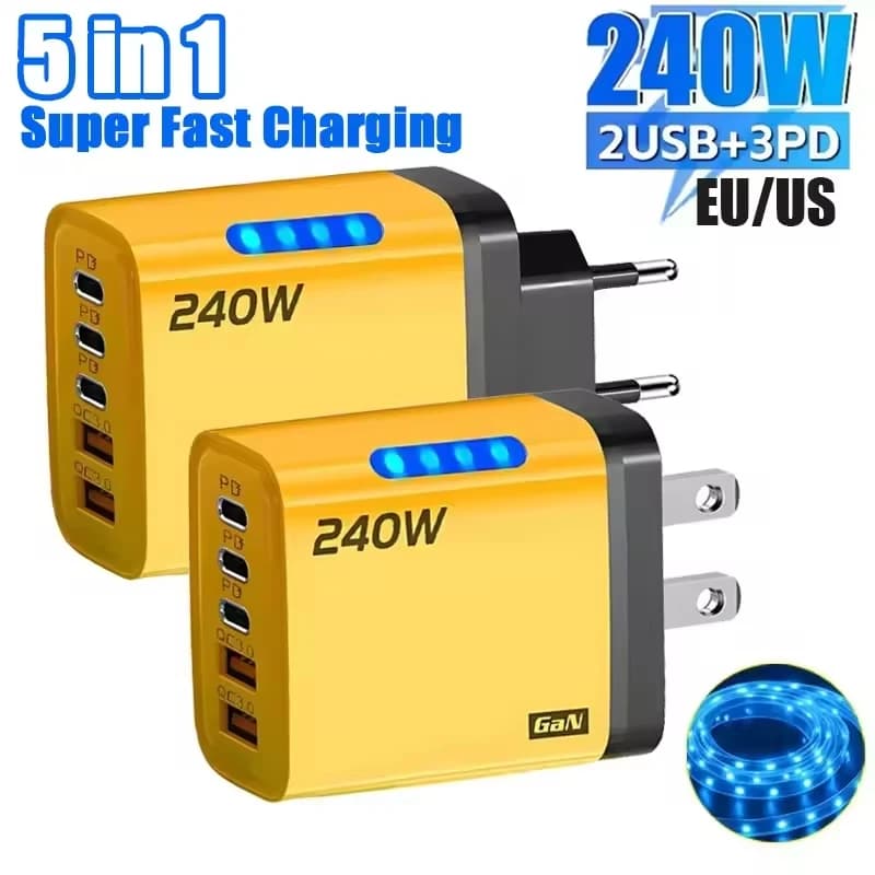 5 IN 1 GaN Desktop Charger For iPhone17 16Pro Laptop Samsung 240W Fast Charging Adapter 10A USB To Type-C Cable 3PD 2USB Charger