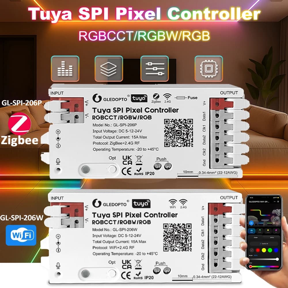 Controller LED Pixel SPI Tuya RGBCCT RGBW RGB con Sincronizzazione Dinamica della Musica WiFi / ZigBee Smart Life Google Assistant Alexa Yandex