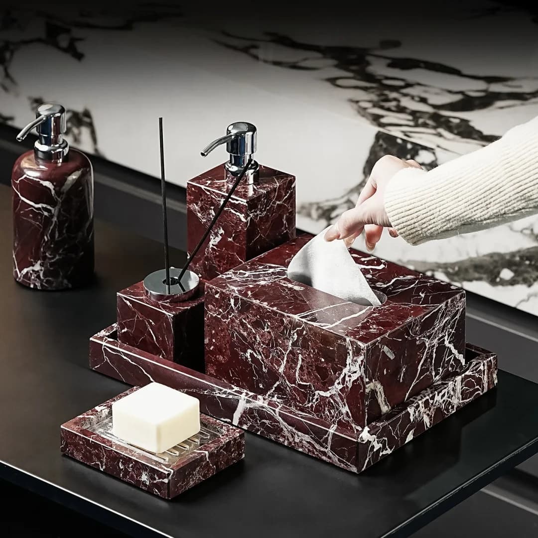 Accessori da bagno di lusso in marmo naturale Rosa Levanto per la decorazione domestica Dispenser di sapone Scatola di fazzoletti Vassoio portaoggetti Portaspazzolino