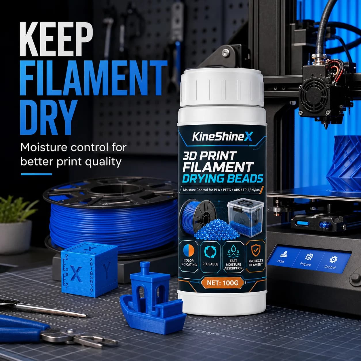 3D Print Filament Drying Beads 100g – Color Indicating, Reusable Moisture Absorber for PLA/PETG/ABS/TPU/Nylon, Protects Filament