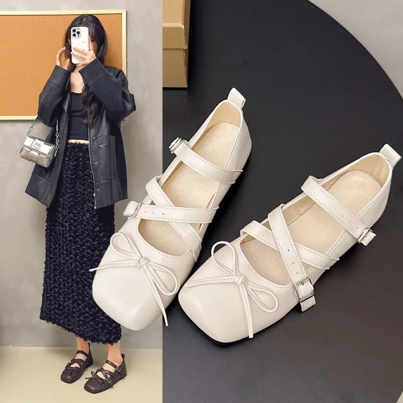 Bow Decor Cross Strap Mary Jane Flats Women Square Toe Adjustable Buckle Casual Ballet Shoes Sandalias Mujer