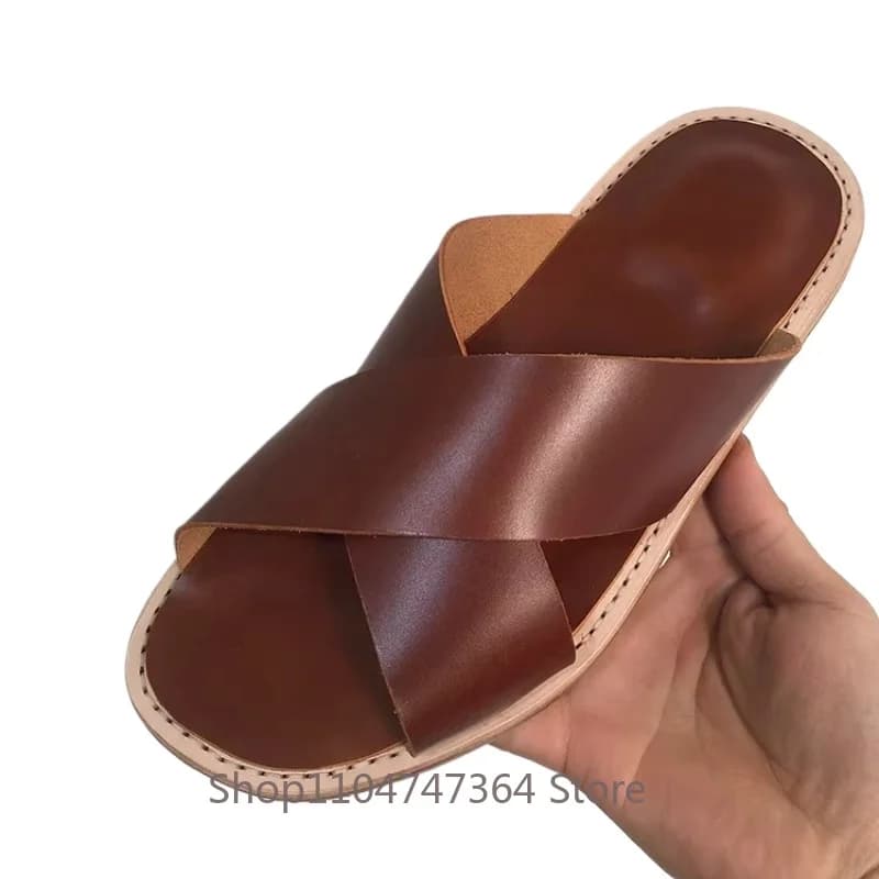British Concise Genuine Leather Men's Slippers Fashion Open Toe Flat Sole Casual Comfortable Open Toe Outdoor Beach Sadals Male