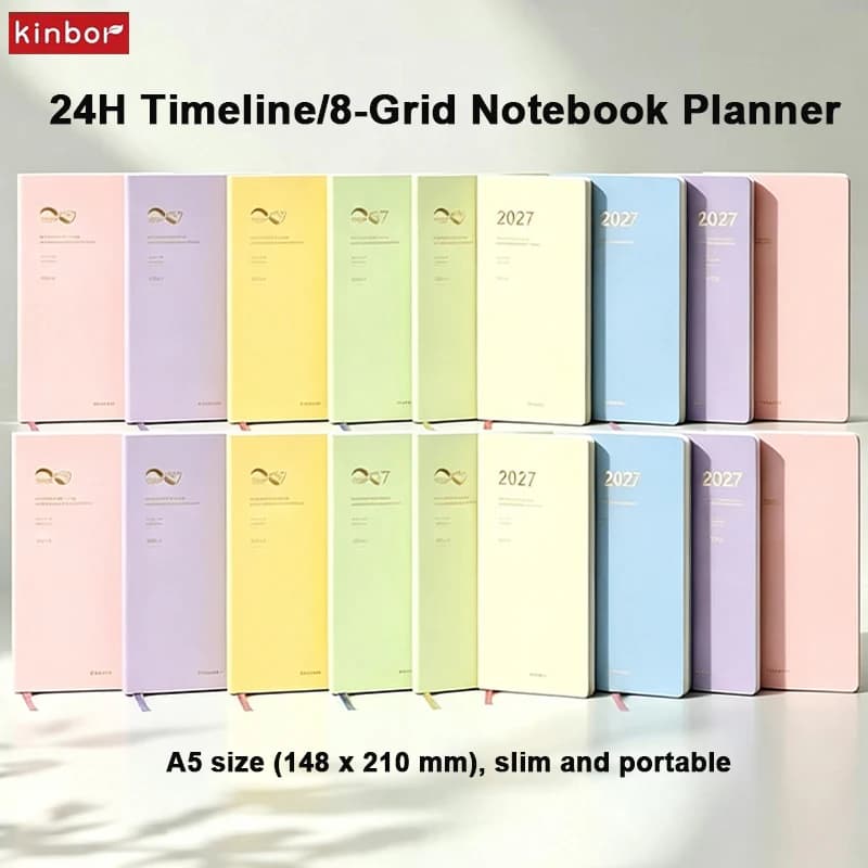 Kinbor A5 Agenda Notebook 2027 PU Cover Week Monthly Planner 24-Hour /8-Grid Schedule Organizer Business Meeting Office Supplies