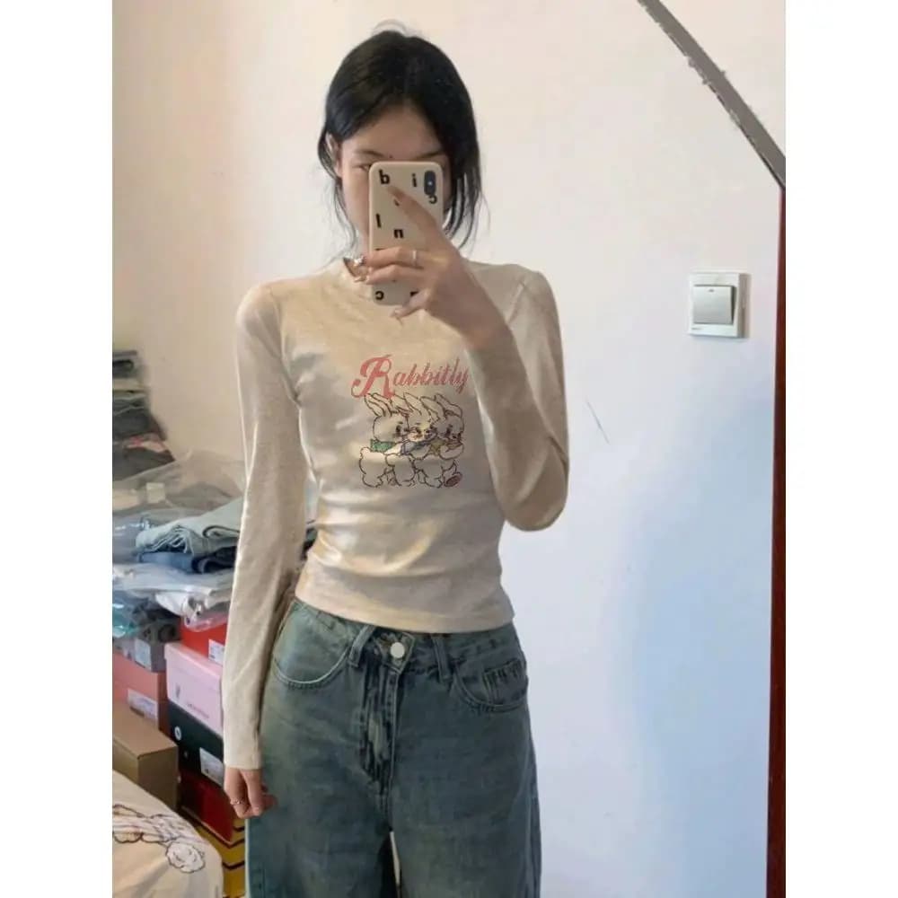 Pure Cotton Long Sleeve T-Shirt Women Slim Fit Base Shirt Spring Autumn New Style Shoulder Width Regular round Neck Print Design