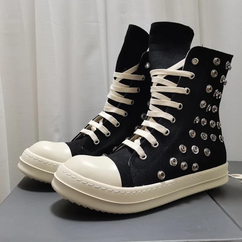 Men High-TOP Shoes Casual Women Canvas Lace Up Sneakers Luxury Designer Zipper Hip Hop Flats Black Male Boots