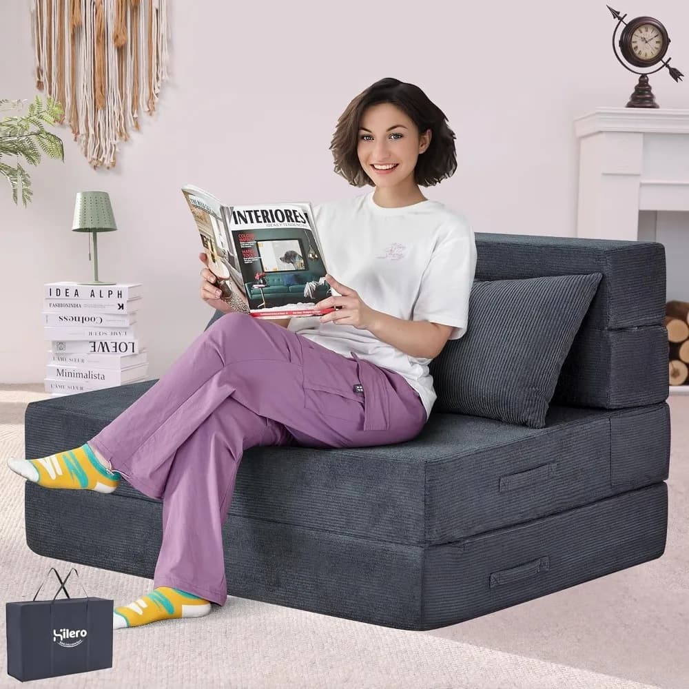 4-in-1 Foldable Sofa Bed with Pillow, Twin Memory Foam Chair, Modern Futon Couch Mattress for Living Spaces