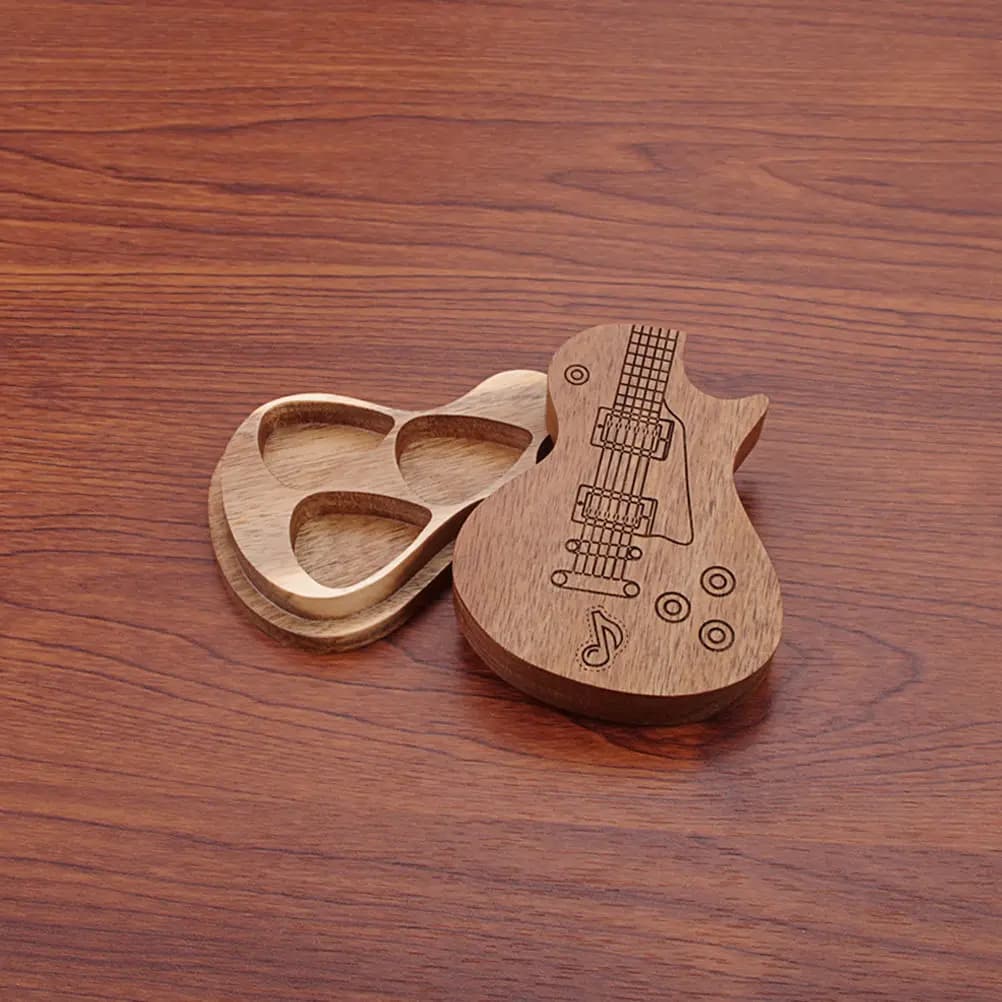 Custodia per plettri da chitarra in legno marrone chiaro, 1 pezzo, design raffinato, organizer per tutti i plettri, per chitarra acustica ed elettrica, da viaggio e per la scuola