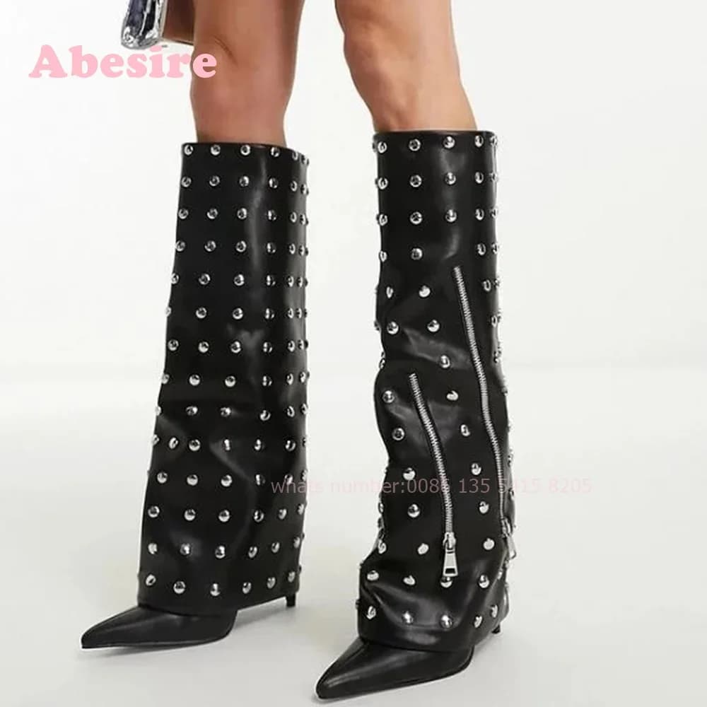 Stivali piegati al ginocchio con borchie e punta nera con tacco a spillo Rivetto in pelle Stivali al ginocchio da donna Decorazione con cerniera Scarpa invernale