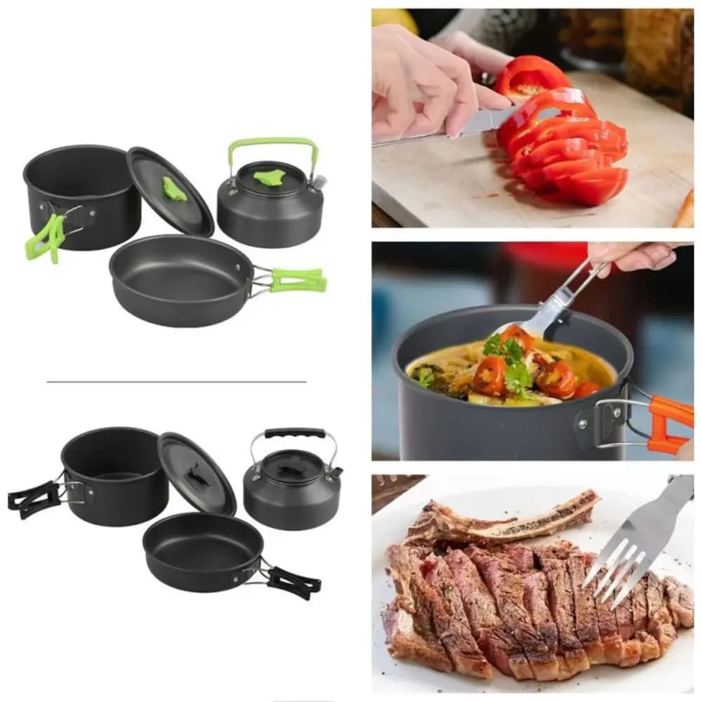 Camping set with teapot, pan and non-stick pot Heat resistant, Reusable tableware set for Picnic