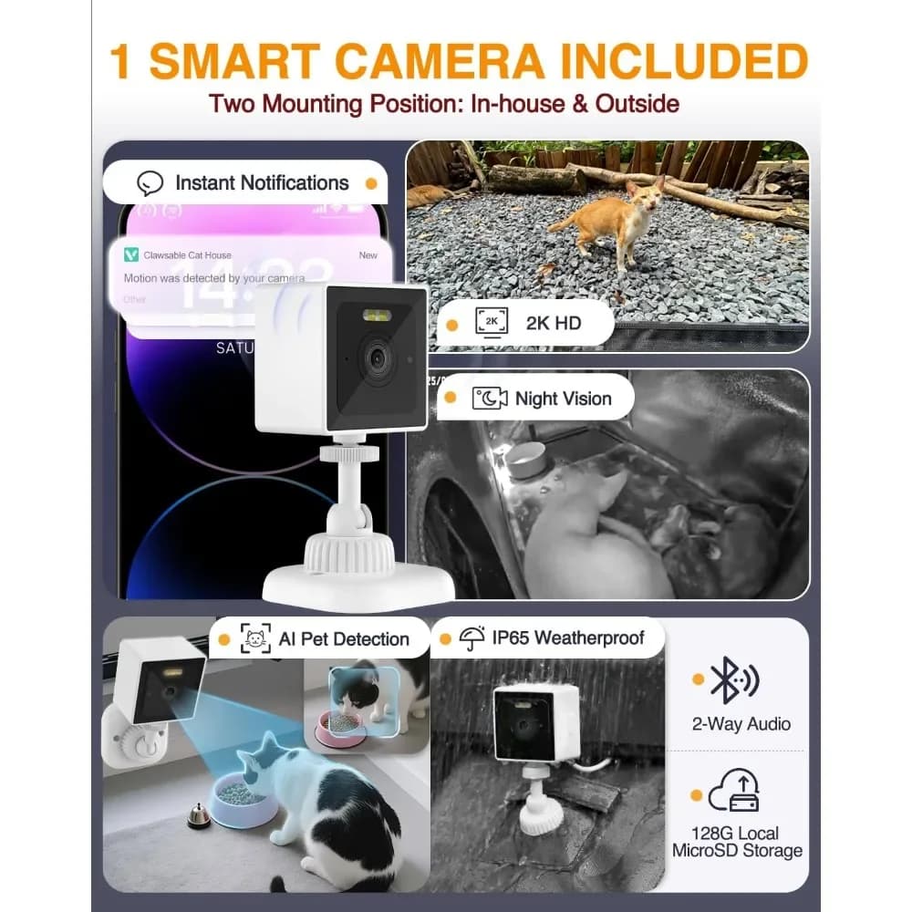 Cuccia Riscaldata per Gatti da Esterno con Telecamera Intelligente, Rifugio Isolato Impermeabile per Gatti Randagi, Porta di Fuga, Nero Mimetico 25.6x16.5x18.5
