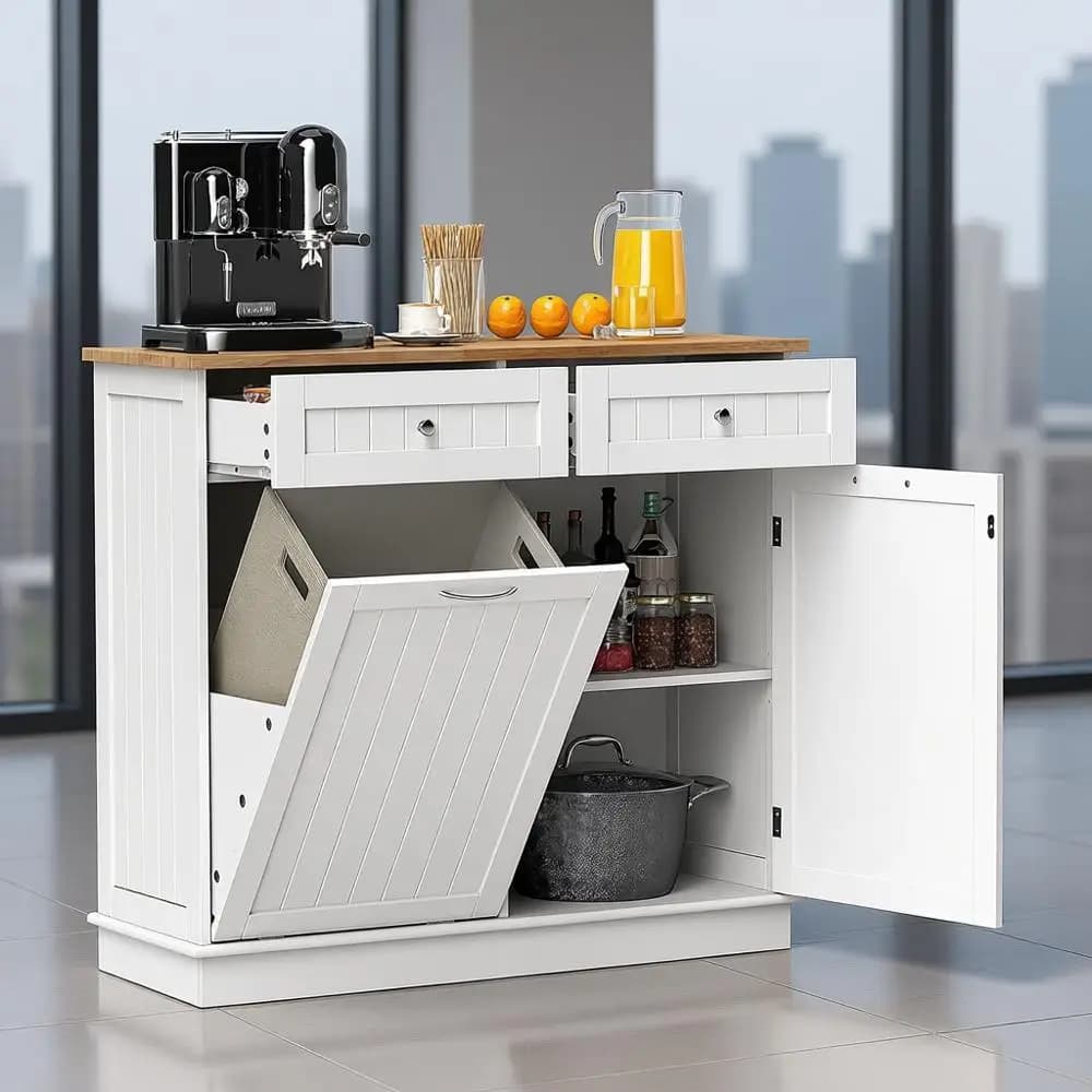 Armadietto della spazzatura dell'isola della cucina con cassetti, ripiano regolabile, piano in legno di gomma, cesto indipendente, contenitore per il riciclaggio resistente agli animali domestici H