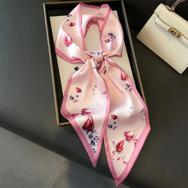 Luxury Pink Flower Pattern Long Narrow Silk Feel Scarf Shawl for Women Small Silk Scarf Lady Double-Sided Headband Accessories