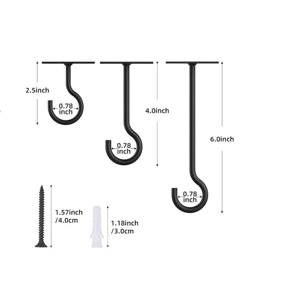 4 Pack Iron Wall Hooks Matte Black White for Hanging Flower Pots Lamps Wind Chimes 2.5in 4in 6in Indoor Outdoor Use