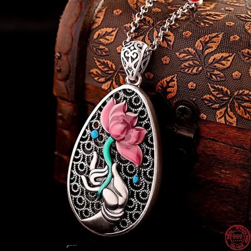 Genuine S999 Sterling Silver Pendani for Women of New Way Buddha Hand Polished Lotus Six Syllable Mantra Ethnic Style Jewelry