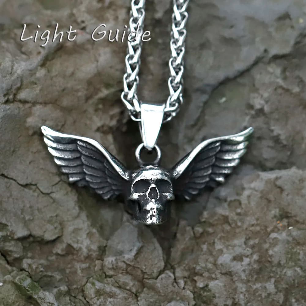 2022 NEW Men's 316L stainless-steel Vintage Angel wing skull Rock Pendant Necklace for teens punk Jewelry free shipping