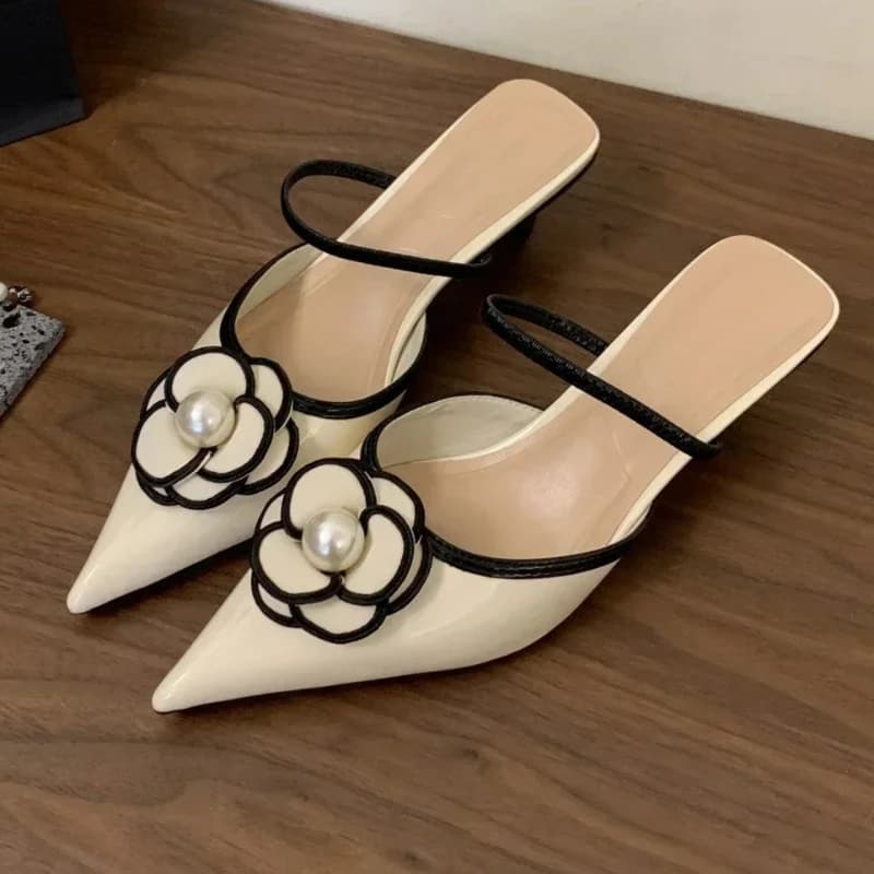 Flower Designer Pumps Mules Women Sandals Pointed Toe Slides Fashion Vacation Dress Brand Elegant High Heeled Slippers Women