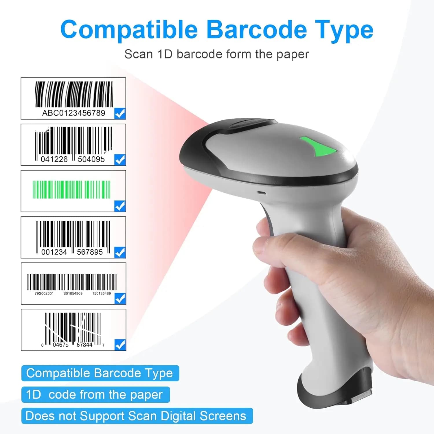 Lettore di codici a barre portatile laser 1D per scanner di codici a barre wireless JRHC con supporto Connessione cablata USB wireless 2.4G Plug and Play