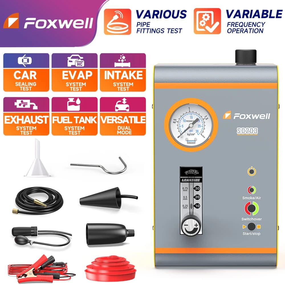 FOXWELL SD203 Rilevatore di perdite EVAP per auto 12V con macchina del fumo, tester di perdite del sistema di alimentazione a doppia modalità con pompa dell'aria integrata