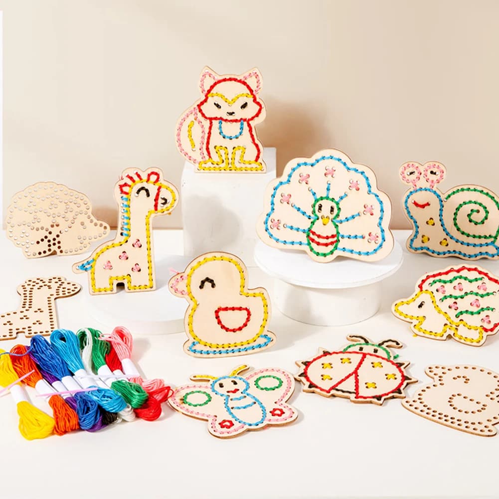 Kit di ricamo in legno con animali, kit fai da te per ricamo a filo, gioco interattivo con blocchi puzzle, divertente attività didattica, giocattolo per bambini, regalo.