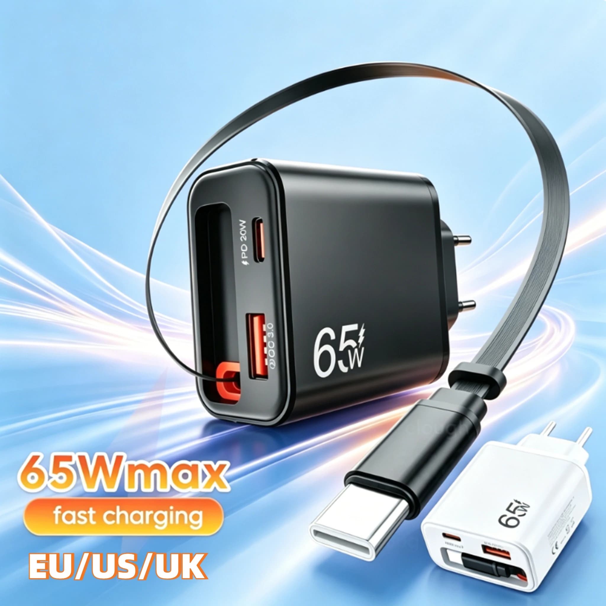 Caricabatterie rapido da 65W con cavo Type C retrattile, spina EU/US/UK per iPhone, Xiaomi, Huawei, Samsung, Realme, adattatore caricabatterie USB C per telefono.