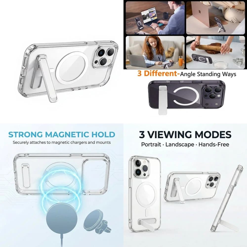 Best Seller Clear Magnetic Phone Case Vertical Horizontal Stand Shockproof for iPhone 11 12 13 14 15 16 17 Pro Max Plus mini