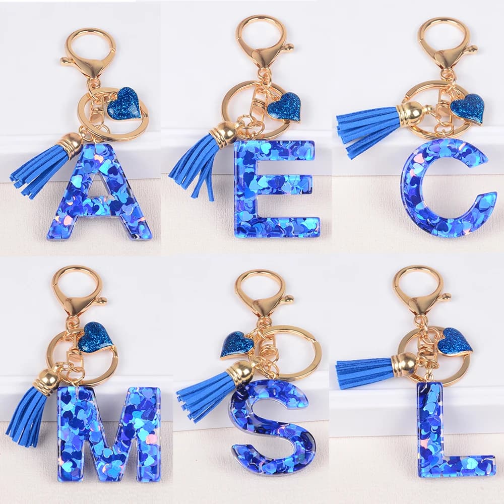26 Letter Key buckle Pendant with Blue Tassel Alloy Love Fashion Girls Handbag Glitter Gradient Resin Initials Keychain Charms