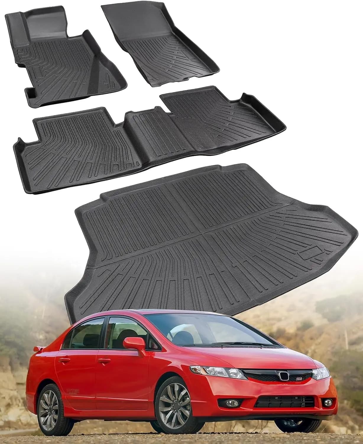 Tappetini in Gomma per Tutte le Stagioni e Rivestimento Bagagliaio per Berlina a 4 Porte, TPE Nero, Su Misura per Modelli 2006 - 2011