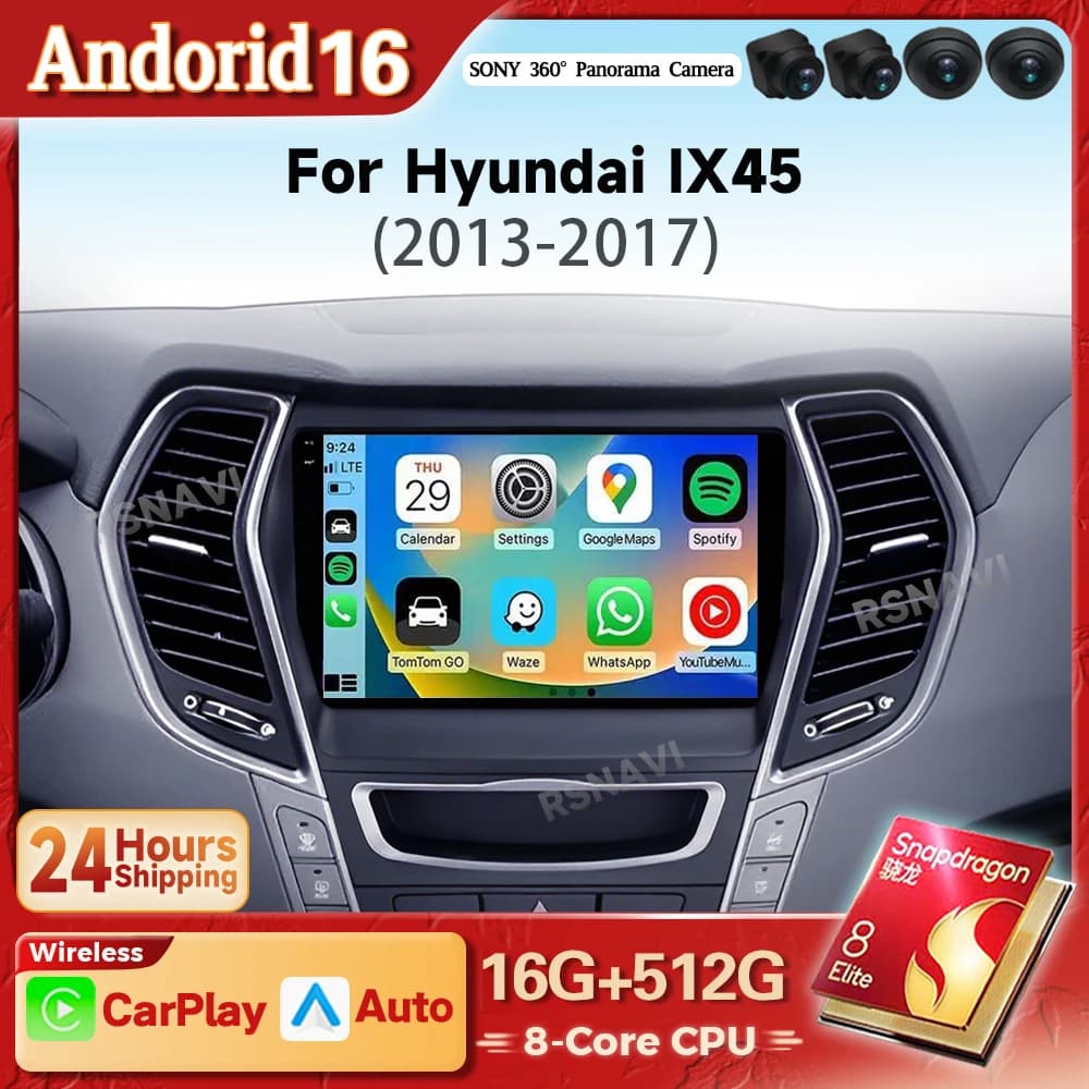 Android 16 Carplay Auto 2K Screen For Hyundai Santa Fe 3 2013 - 2016 Autoradio GPS Stereo Car Radio Multimedia Player Snapdragon