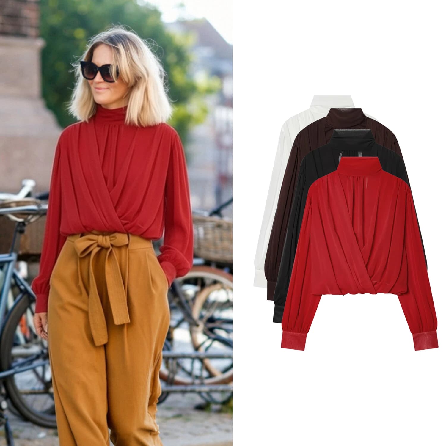 Camicette Eleganti da Donna a Pieghe Tinta Unita, Nuova Collezione Primavera, Maglie a Maniche Lunghe alla Moda Femminile, Camicette Chic da Festa con Fiocco e Lacci