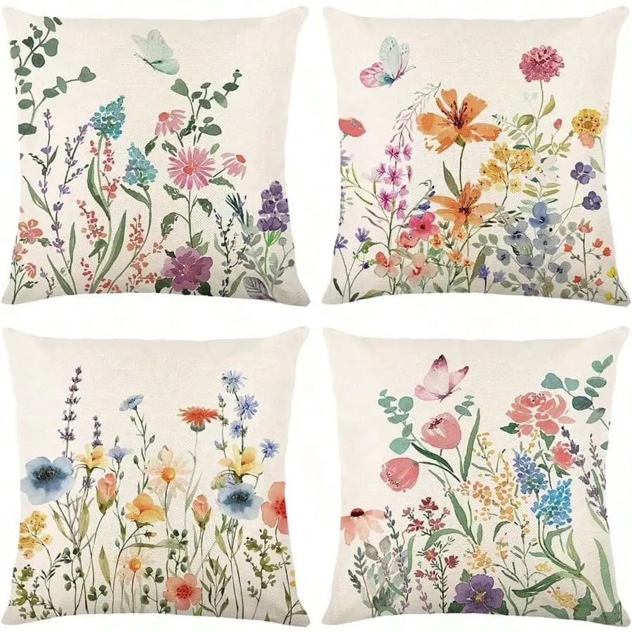 4 pezzi, fodere per cuscini con motivo a farfalle e fiori selvatici ad acquerello, monofacciali, chiusura con cerniera, poliestere lavabile - perfetti per divano, soggiorno, decorazioni per la camera da letto, cuscini decorativi.