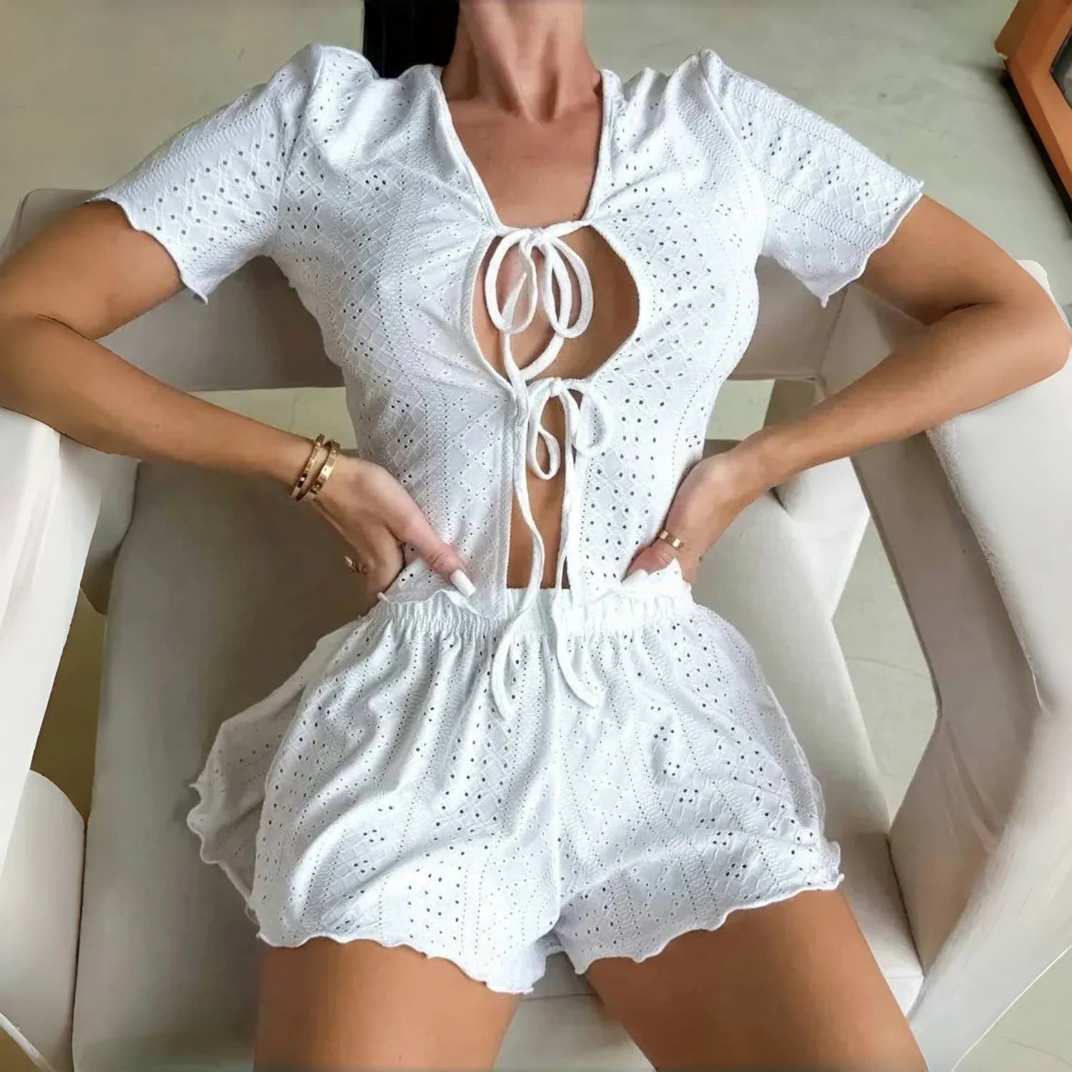 Women Pajamas Set New Hollow Short Sexy Cardigan Solid Color Knitted Short Sleeve Set Pajamas Loungewear