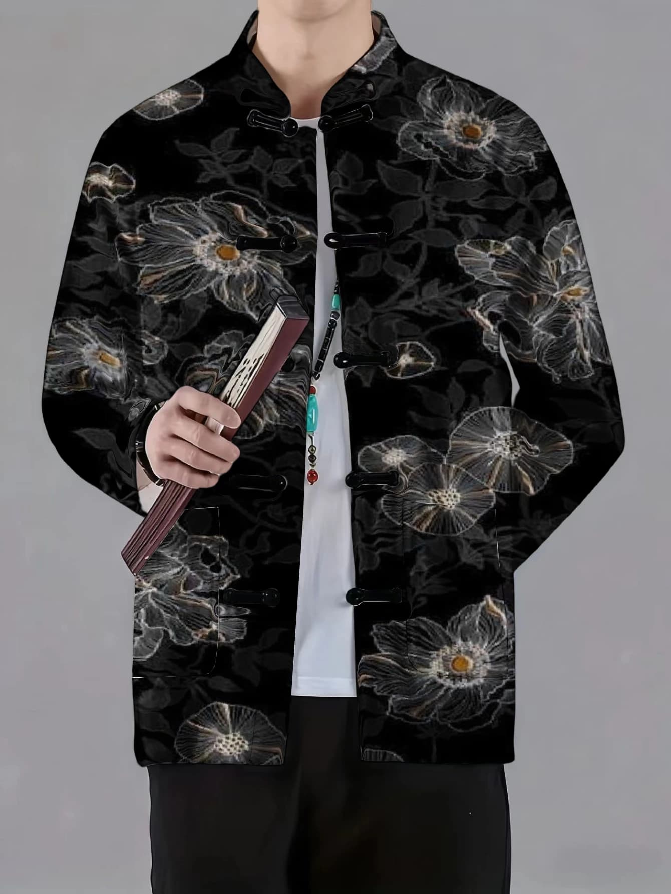 Men Mandarin Collar Frog Button Long Sleeve Jacket Mythical Creature Ocean Wildlife Vintage Floral Art Print Casual Outerwear