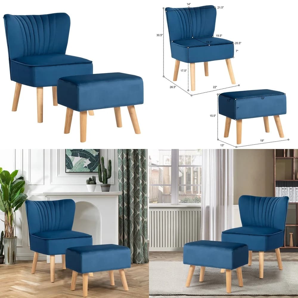 Sedie da soggiornoSet di divani di lusso in velluto con imbottitura blu ottomana spessa, gambe in legno, comoda poltrona lounge