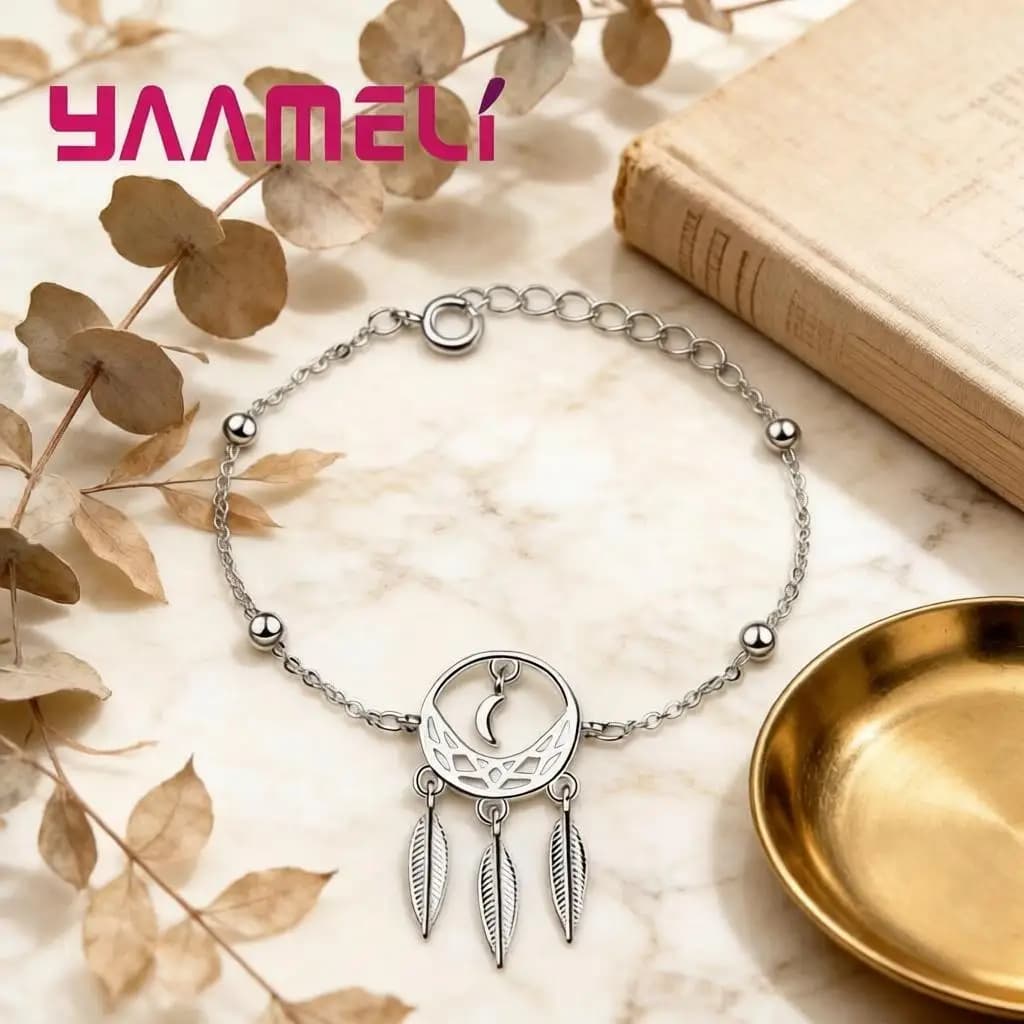 Pretty 925 Sterling Silver Dream Catcher Feather Adjustable Bracelets for Women Girls Wedding Party Jewelry Gifts Accessory