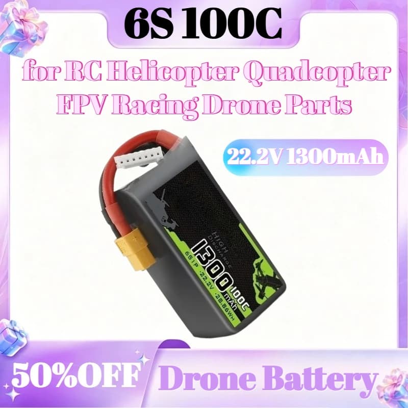 Batteria LiPo 6S 100C 22.2V 1300mAh per Elicottero RC, Quadricottero, Drone da Corsa FPV, Ricambi Batteria 22.2V