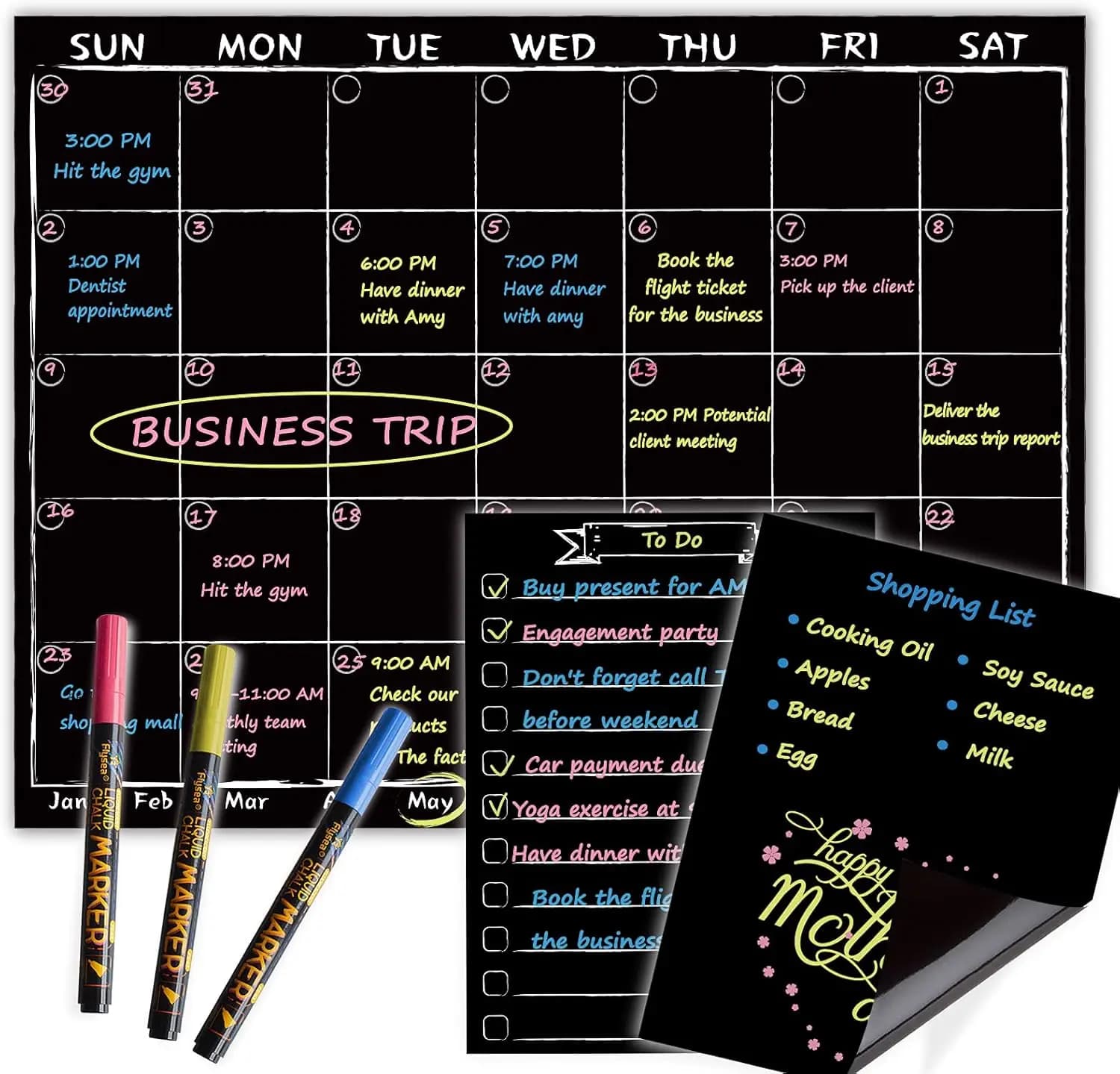 Calendario magnetico mensile con pennarelli al gesso liquido neon - Lavagna nera per pianificazione da frigorifero con lista della spesa e blocco note